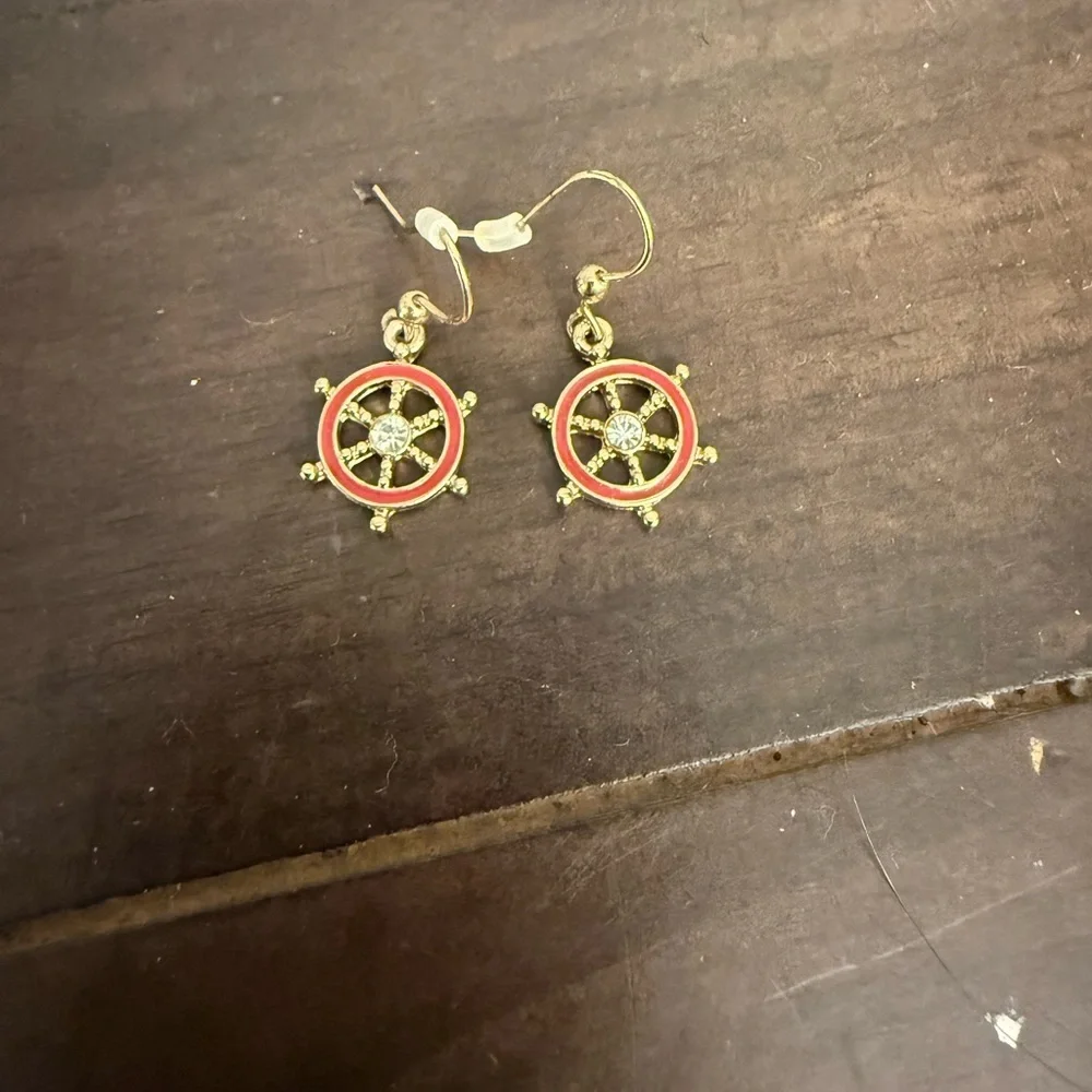 Gold and Red Nautical Wheel Earrings